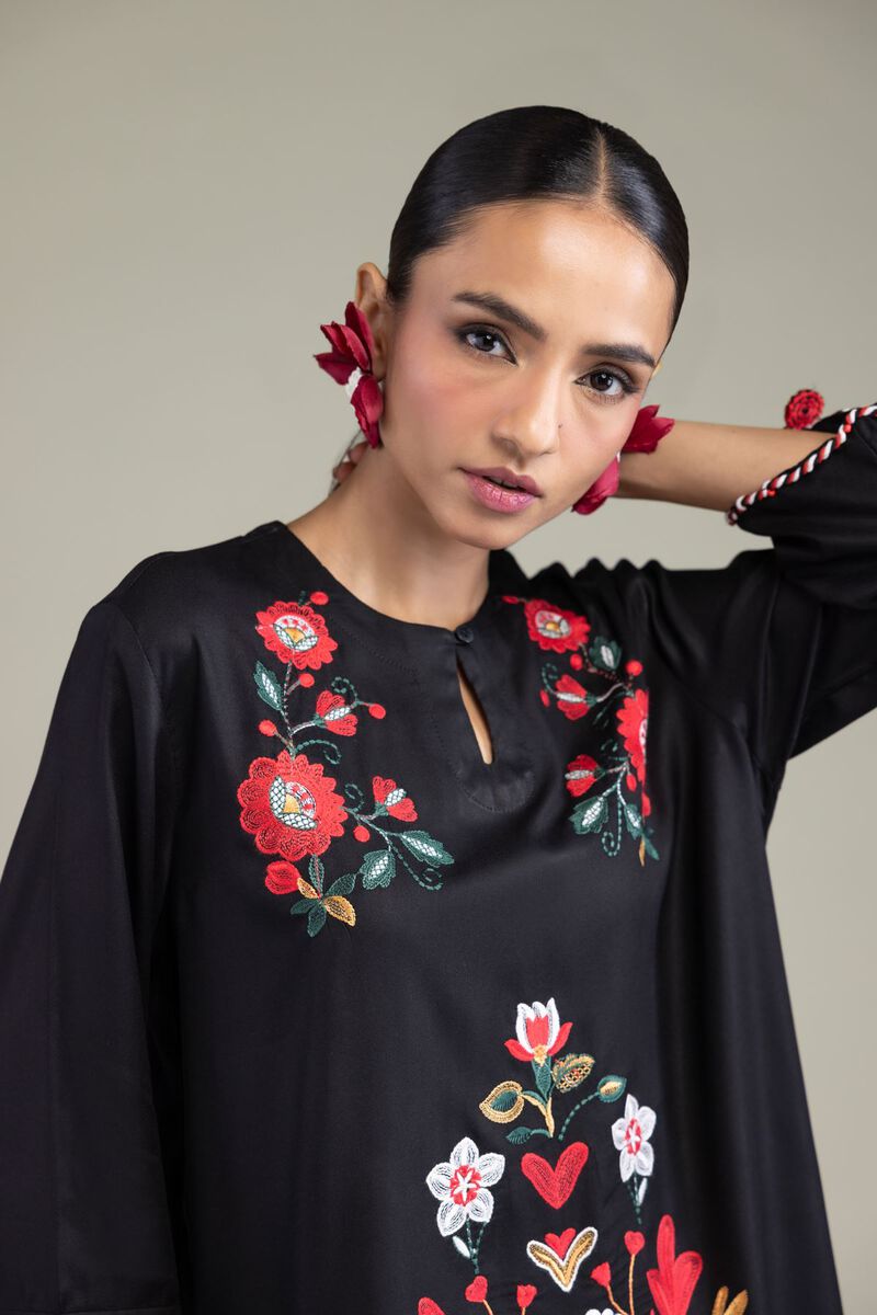 Embroidered | Viscose Crepe | Black Round-Neck Tunic | GBP 30.00