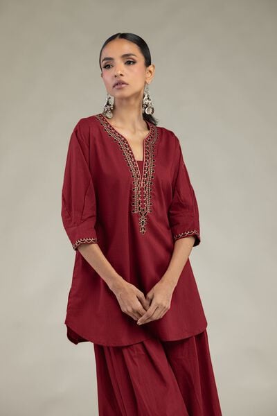 Textured Cotton | Embroidered | V-Neck Cotton Kurta | GBP 25.00