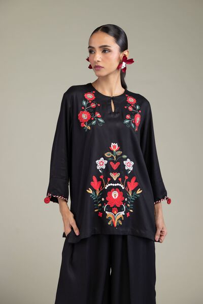Embroidered | Viscose Crepe | Black Round-Neck Tunic | GBP 30.00
