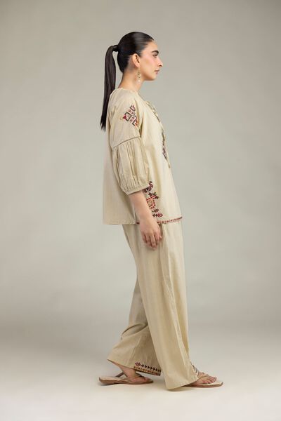 Embroidered | Textured Cotton | Floral Beige Trousers | GBP 14.00