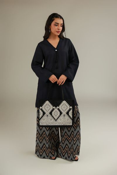 Printed | Textured Cotton | Black Wide Pants | GBP 12.00