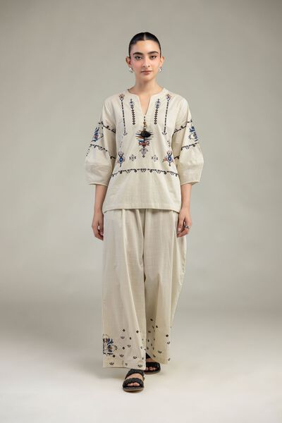 Embroidered | Textured Cotton | Floral Cotton Trousers | GBP 14.00