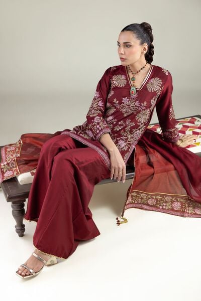 Embroidered | Raw Silk | Floral V-Neck Kurta | GBP 50.00