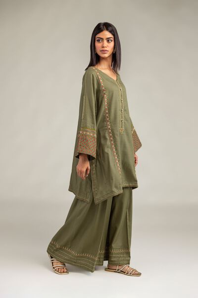 Embroidered | Cotton Dobby | Solid Olive Pants | GBP 25.00