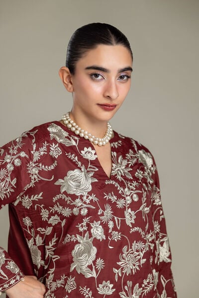 Embroidered | Raw Silk | Short Maroon Kurta | GBP 60.00