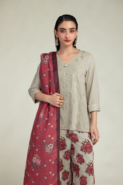Embroidered | Raw Silk | Beige V-Neck Kurta | GBP 30.00