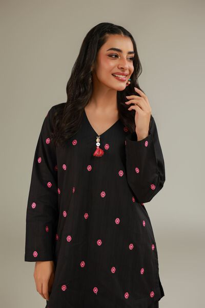 Embroidered | Cotton Dobby | Black V-Neck Kurta | GBP 25.00
