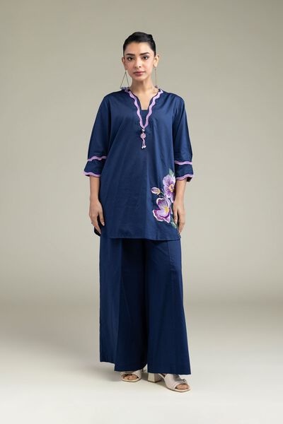 Embroidered | Cotton Dobby | Solid Navy Pants | GBP 15.00