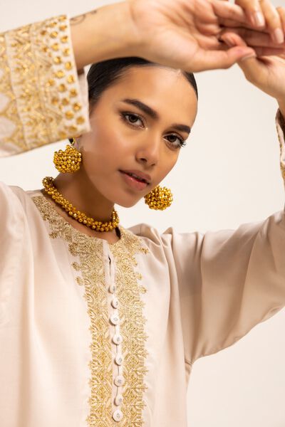Kurta | Embroidered, BEIGE, hi-res
