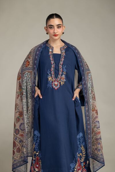 Embroidered | Raw Silk | Floral Navy Kurta | GBP 55.00