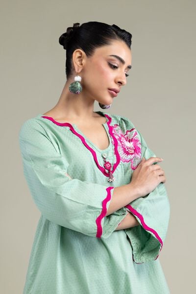 Embroidered | Cotton Dobby | Floral Mint Kurta | GBP 35.00