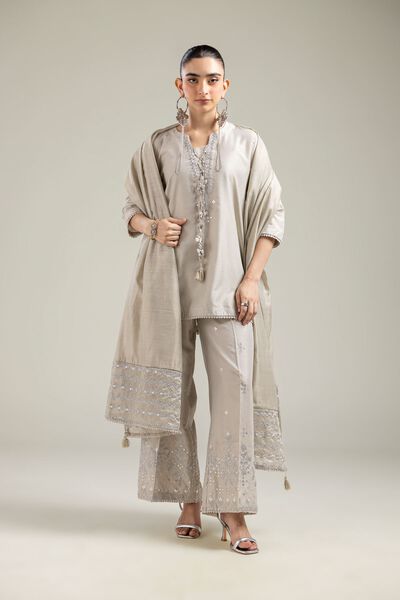 Cotton Net | Geometric Beige Dupatta | GBP 30.00