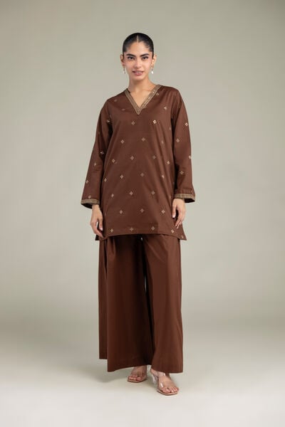 Embroidered | Cambric | Brown Solid Pants | GBP 25.00
