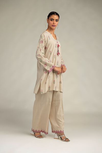 Embroidered | Raw Silk | Beige Solid Pants | GBP 25.00