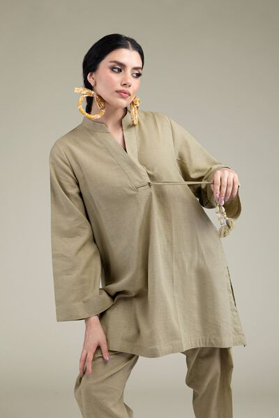 Dyed | Blended Linen | V-Neck Band-Collar Kurta | GBP 9.00