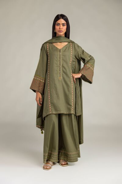 Embroidered | Cotton Dobby | Solid Olive Pants | GBP 25.00