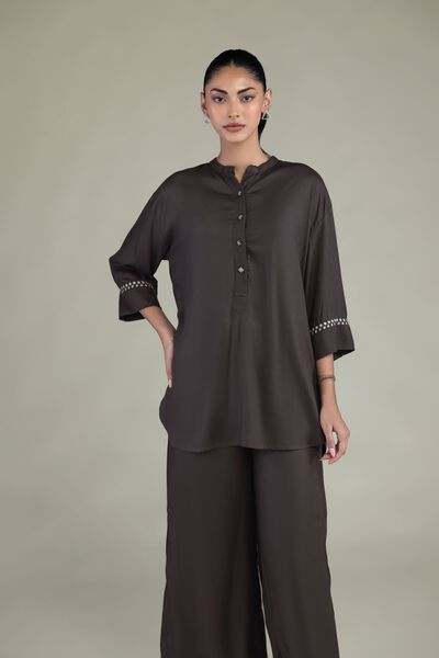 Embroidered | Viscose Crepe | Brown Viscose Shirt | GBP 25.00