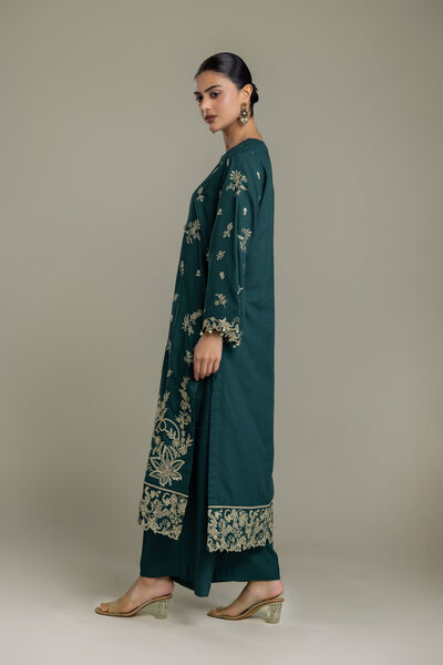 Embroidered | Raw Silk | Green Solid Pants | GBP 30.00