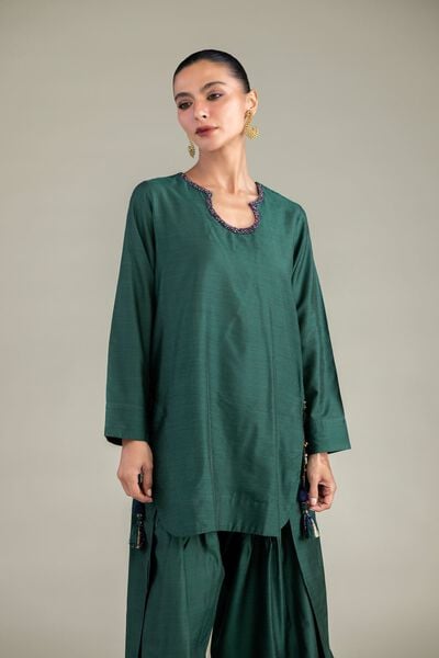 Dyed | Textured Raw Silk | Solid Green Kurta | GBP 35.00