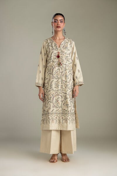 Embroidered | Heavy Blended Viscose | Solid Beige Pants | GBP 25.00