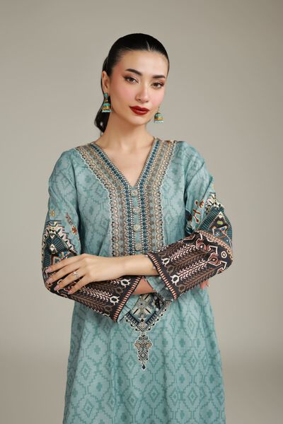 Embroidered | Raw Silk | Teal Longline Kurta | GBP 40.00