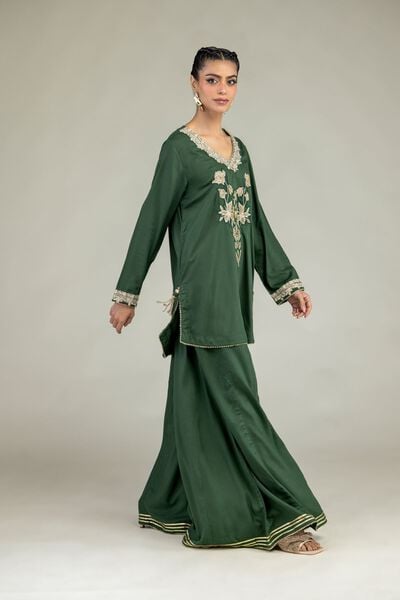 Embroidered | Raw Silk | Green Silk Pants | GBP 25.00
