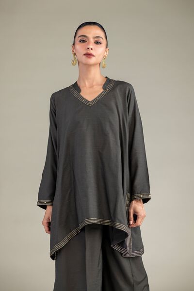 Dyed | Mesuri Silk | V-Neck Longline Kurta | GBP 9.00