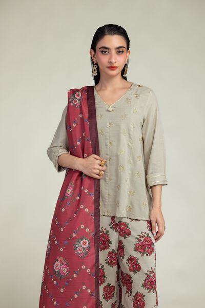 Embroidered | Raw Silk | Beige V-Neck Kurta | GBP 30.00