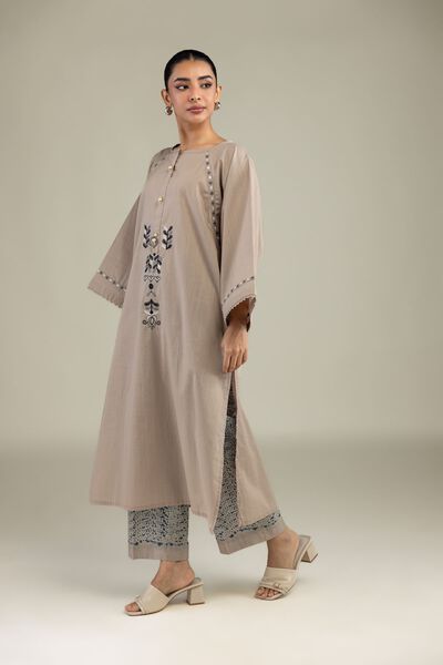 Textured Cotton | Embroidered | Beige Cotton Pants | GBP 25.00