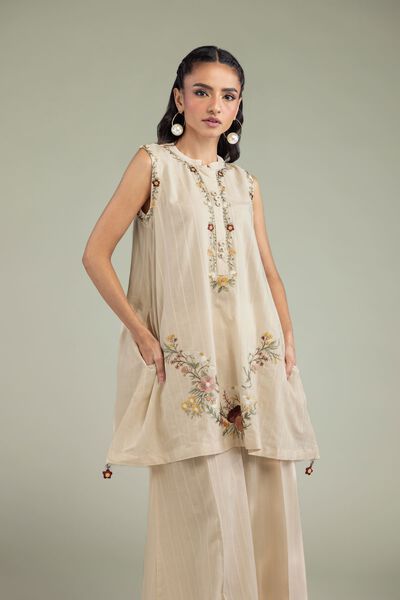 Embroidered | Textured Cotton | Beige Sleeveless Kurta | GBP 40.00