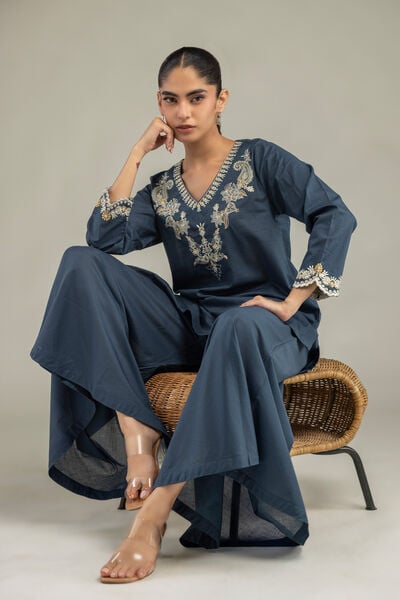 Embroidered | Cambric | Short Navy Kurta | GBP 35.00