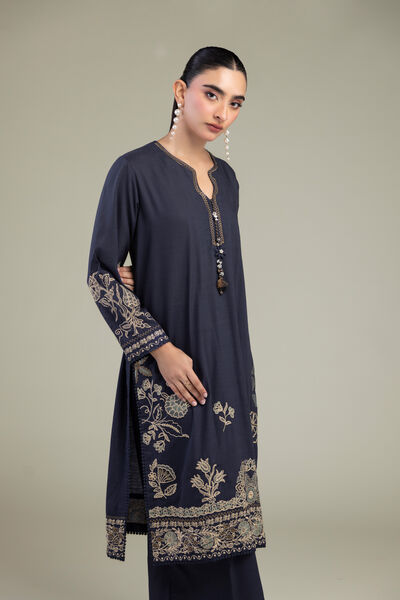 Embroidered | Raw Silk | Floral Navy Kurta | GBP 55.00