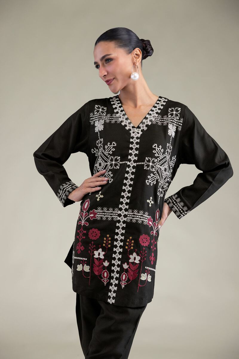 Embroidered | Raw Silk | Black Floral Kurta | GBP 35.00