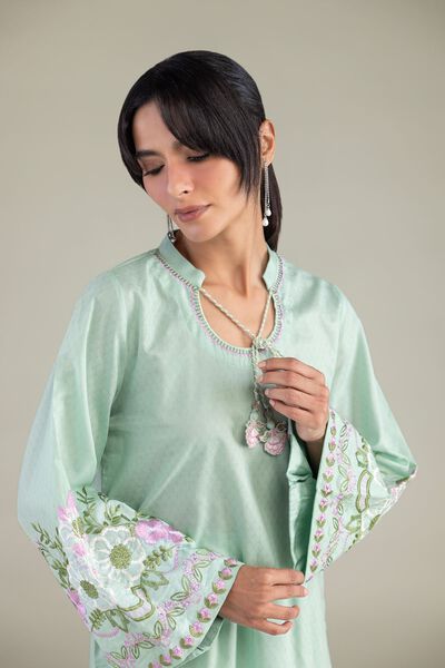 Embroidered | Cotton Dobby | Mint Cotton Kurta | GBP 40.00