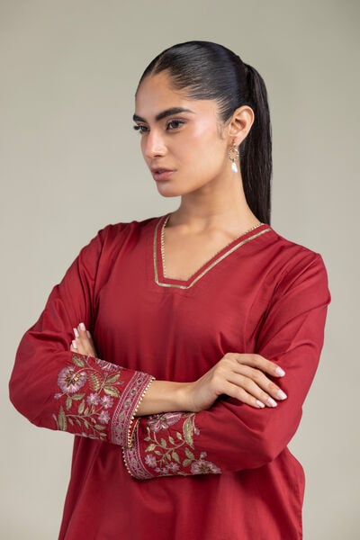 Embroidered | Cambric | Red Floral Kurta | GBP 35.00