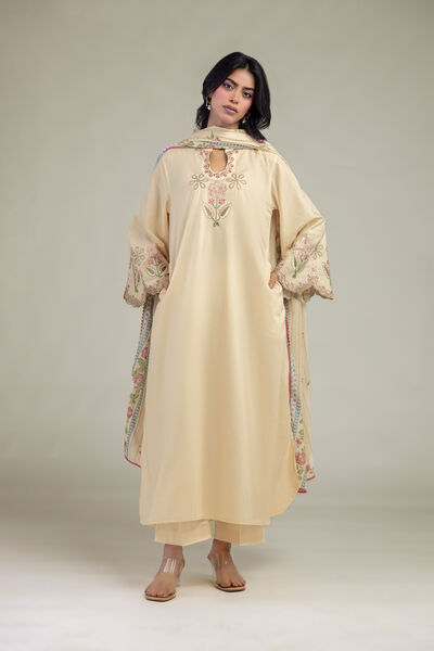 Embroidered | Cambric | Solid Beige Pants | GBP 25.00