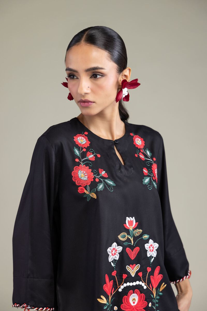 Embroidered | Viscose Crepe | Black Round-Neck Tunic | GBP 30.00