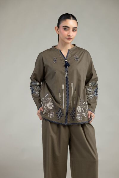 Embroidered | Textured Cotton | Floral Olive Blouse | GBP 21.00