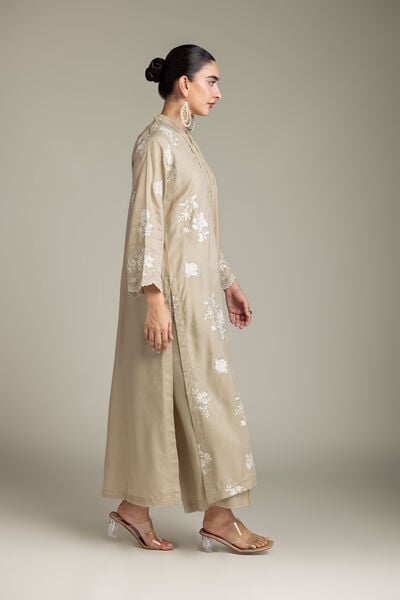 Embroidered | Raw Silk | Beige Silk Pants | GBP 35.00