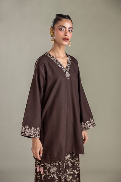 Embroidered | Heavy Blended Viscose | Brown V-neck Kurta | GBP 50.00