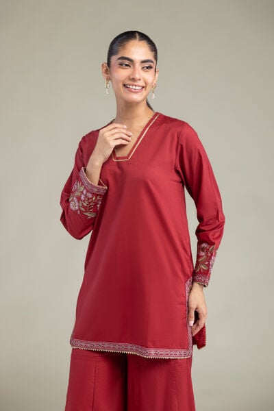 Embroidered | Cambric | Red Floral Kurta | GBP 35.00