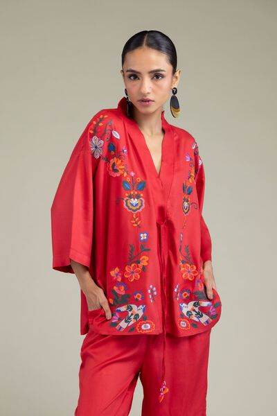Embroidered | Viscose Crepe | Red V-Neck Blouse | GBP 30.00