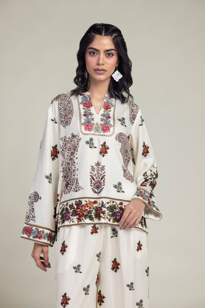 Embroidered | Viscose Crepe | Floral V-Neck Shirt | GBP 30.00