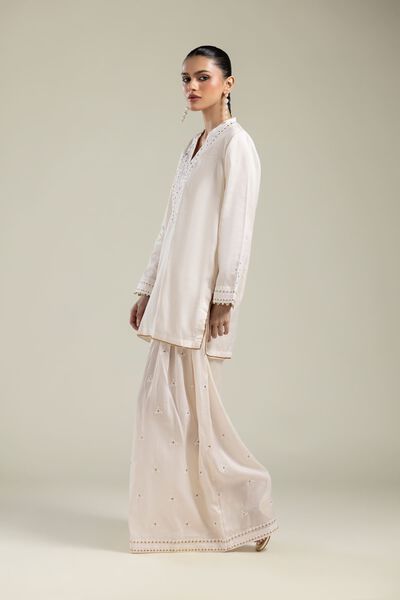 Embroidered | Textured Weave | White Solid Pants | GBP 35.00