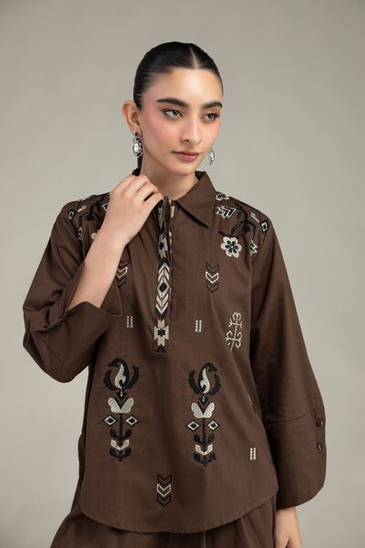 Embroidered | Textured Cotton | Brown Cotton Shirt | GBP 21.00