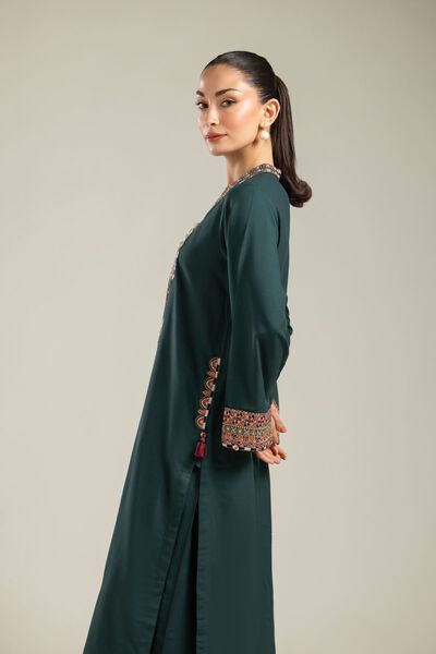 Embroidered | Raw Silk | Green Longline Kurta | GBP 40.00