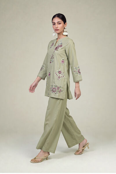 Embroidered | Cambric | Solid Olive Pants | GBP 25.00