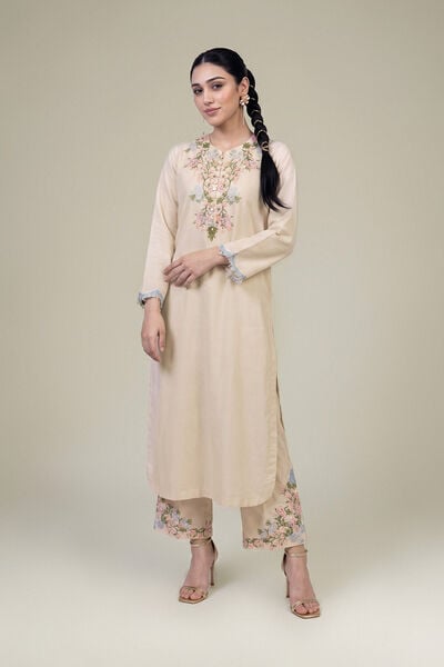 Embroidered | Raw Silk | Floral Beige Pants | GBP 40.00
