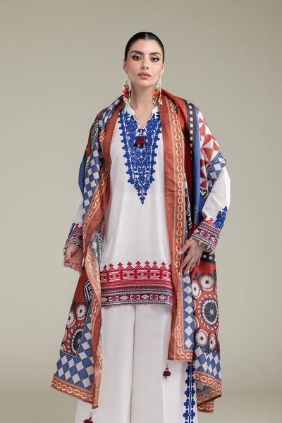 Embroidered | Raw Silk | White V-Neck Kurta | GBP 35.00