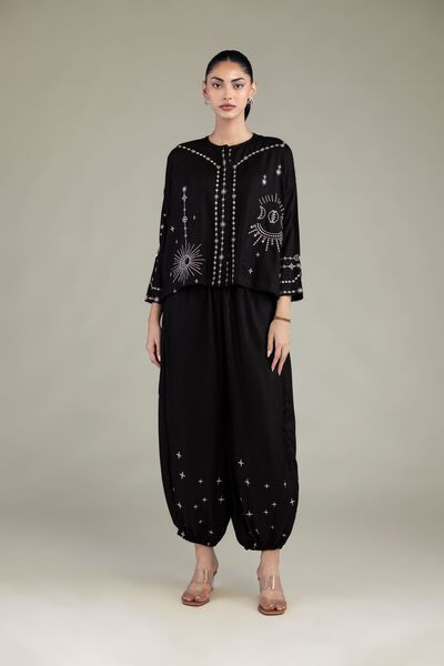 Embroidered | Viscose Crepe | Black Viscose Trousers | GBP 25.00